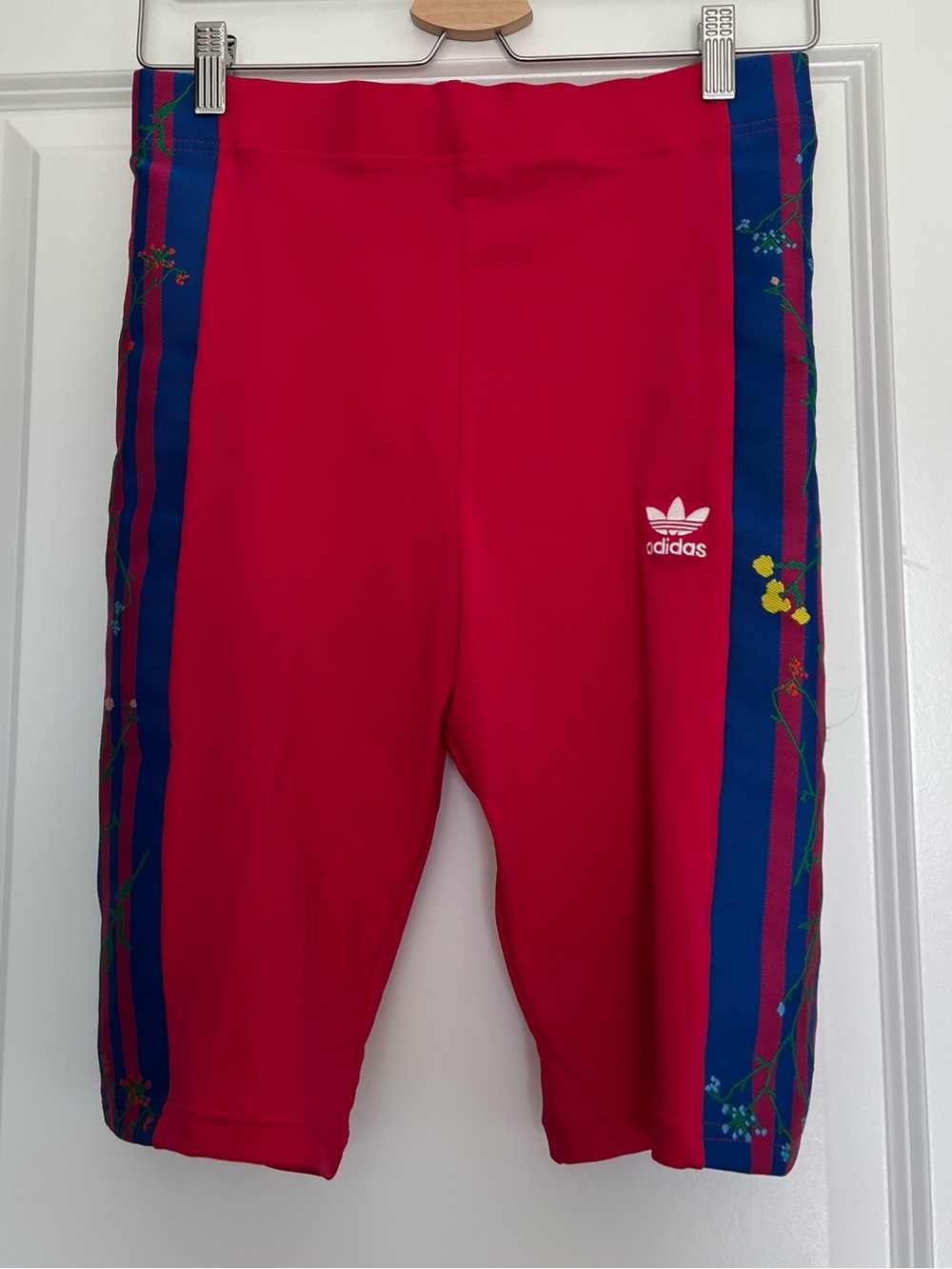 adidas Red Bike Shorts with Blue Floral Side Stripes